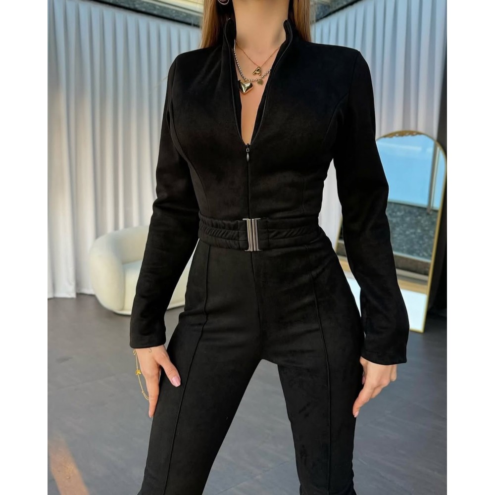 Yumuşacık Dokuda Fermuarlı Kendinden Kemerli Skuba Süet Kumaş Tasarım Tulum Yumuşacık Dokuda Fermuarlı Kendinden Kemerli Skuba Süet Kumaş Tasarım Tulum