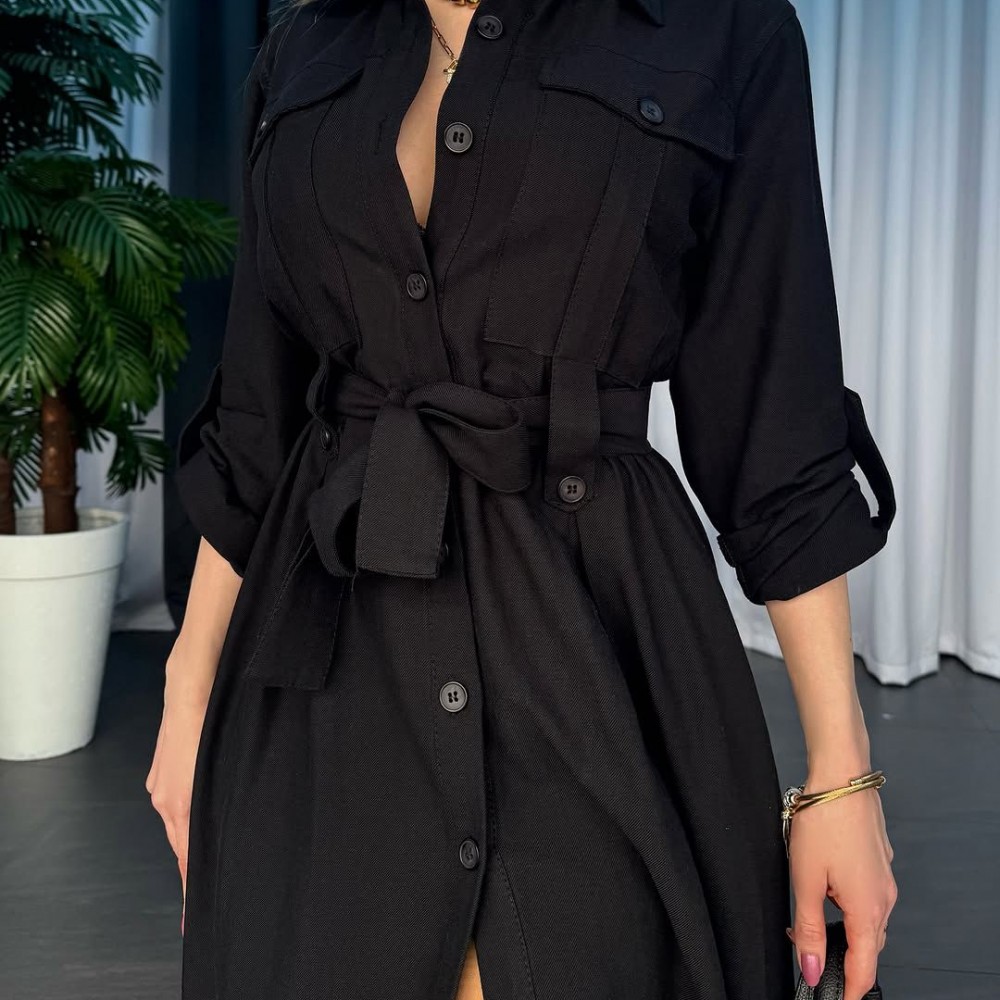 Gabardin Kumaş Düğme Ve Bağlama Detaylı